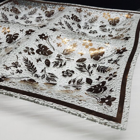 Mid-Century Gold Leaf Foliage Hostess Tray Glass Large 4 Sections 16" x 16" - Picture 7 of 11